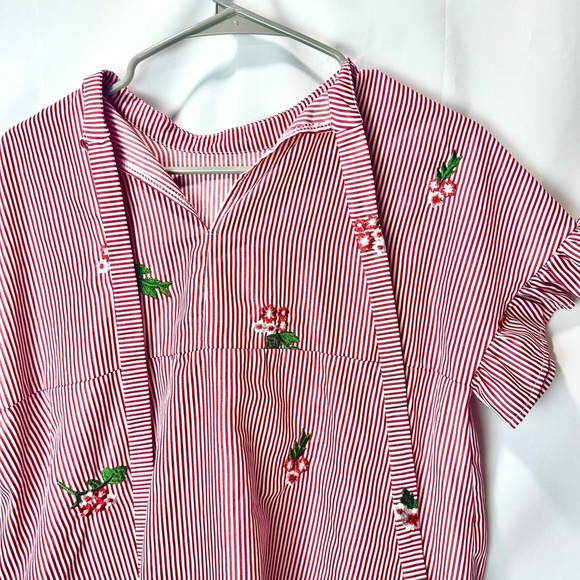 Woman's Striped Summer Travel Short Dress with Floral Embroidery Ruffle Sleeve - Picture 9 of 9